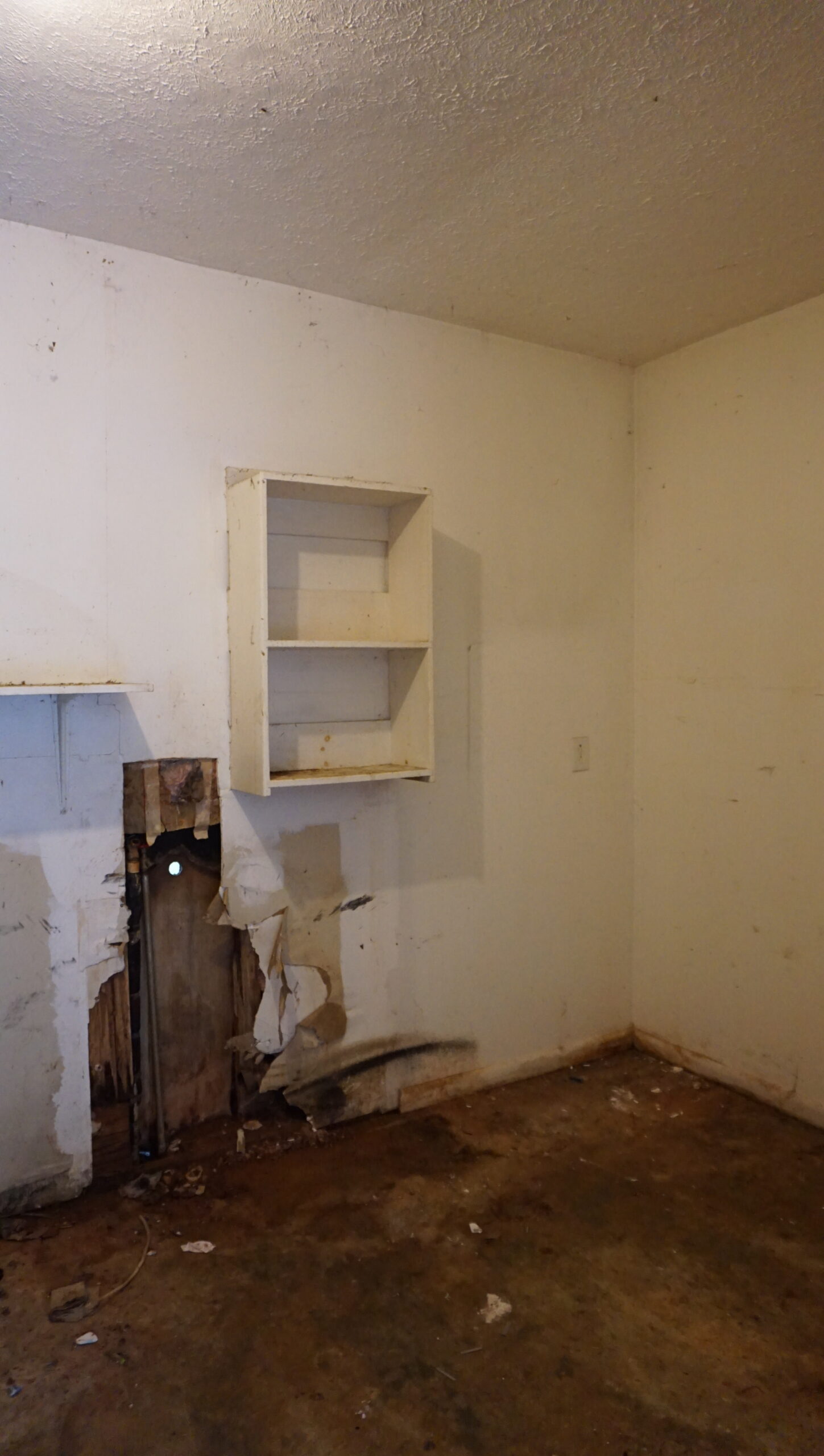 Interior gut condition before renovation Atlanta GA — exposed subfloor, stripped walls