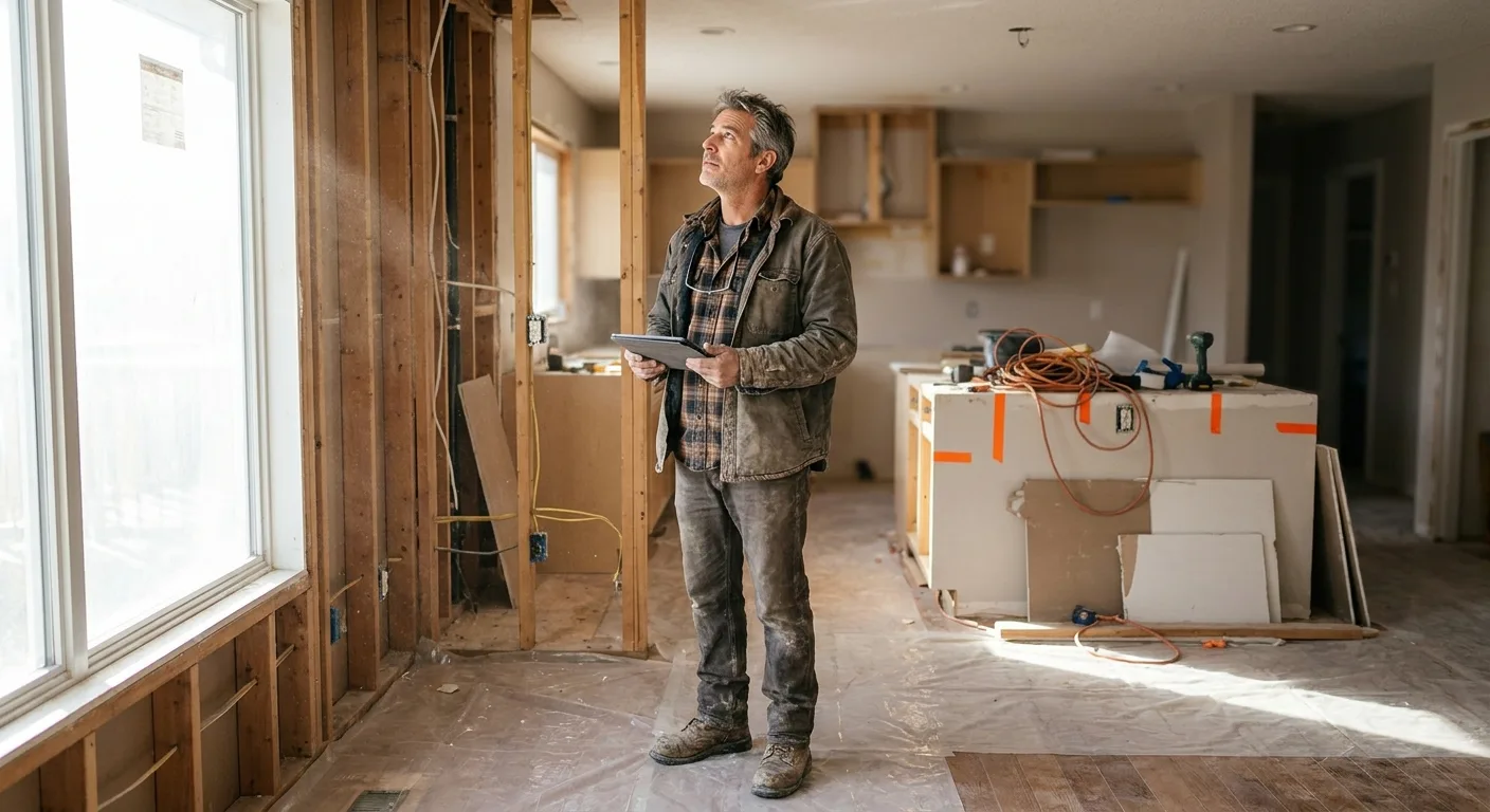 Atlanta renovation crew documenting fresh demolition phase inside residential construction site with measuring tools and came