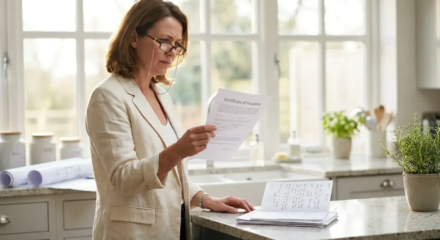 An Atlanta renovation contractor displaying official licensing documents and insurance certificates on a desk.