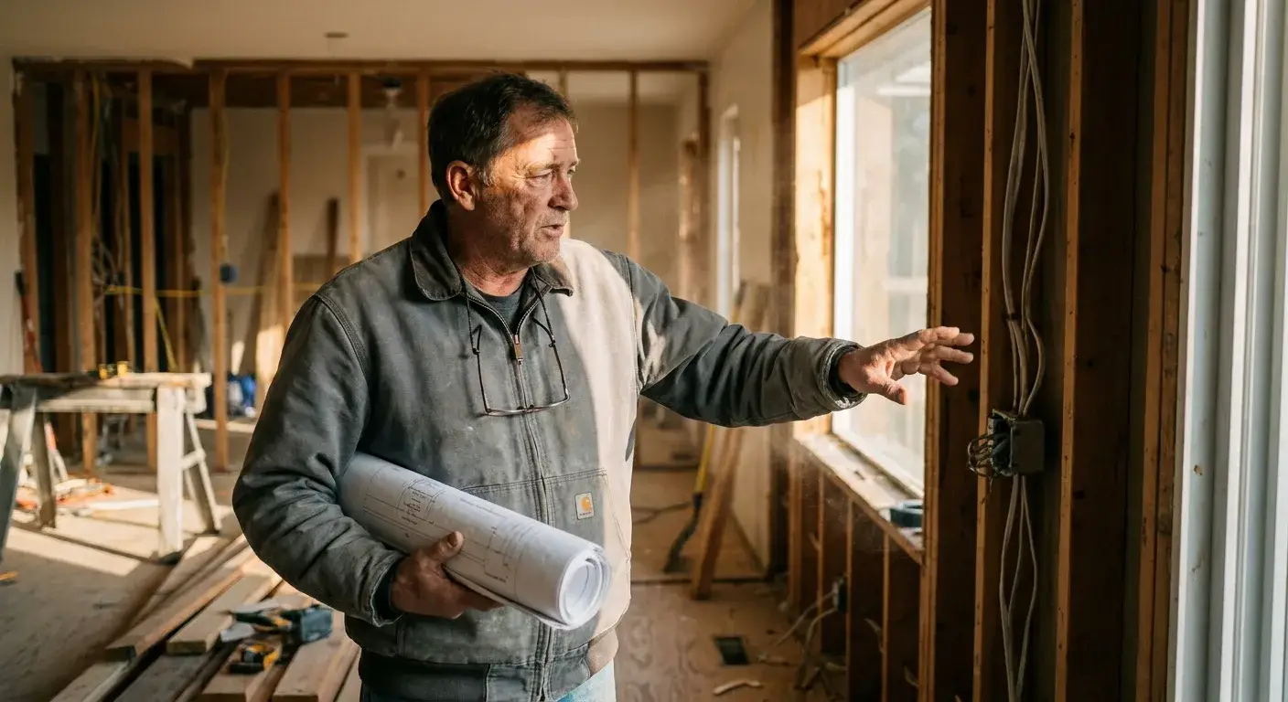A contractor holding blueprints and cost estimate sheets in front of a gutted kitchen during full renovation work