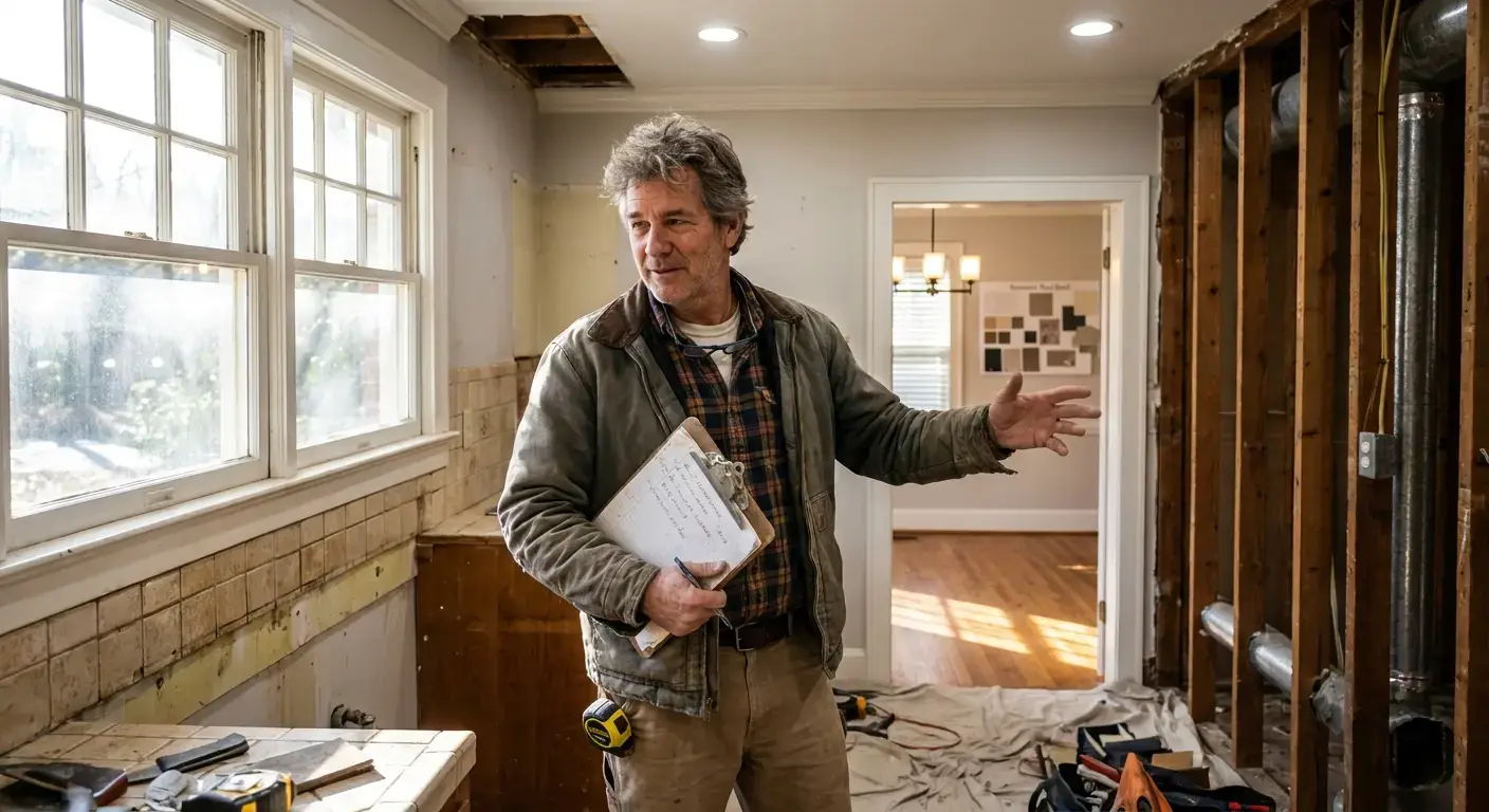 Contractor reviewing renovation plans with homeowner in modern Atlanta kitchen