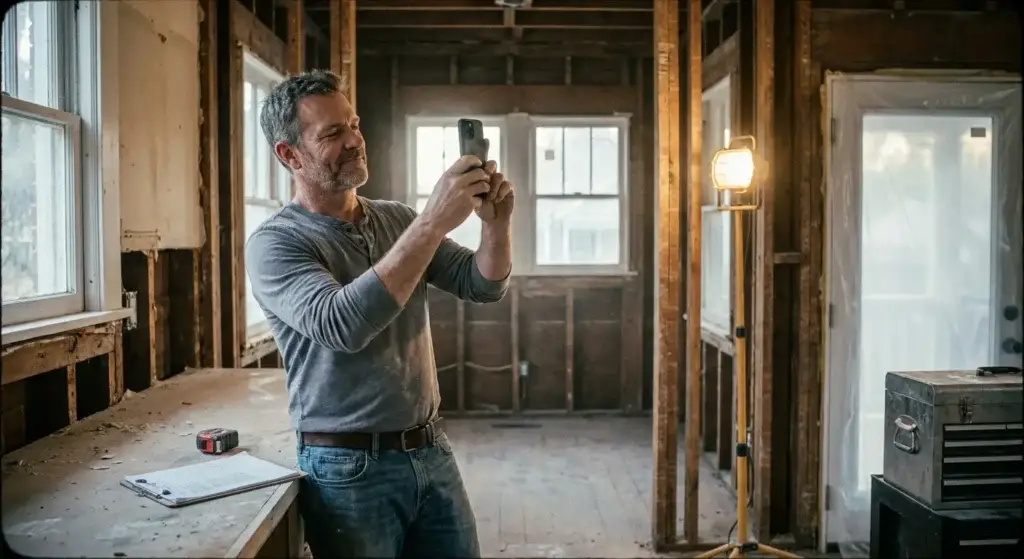 Before and after construction photos of an Atlanta home renovation showing framing and updates.