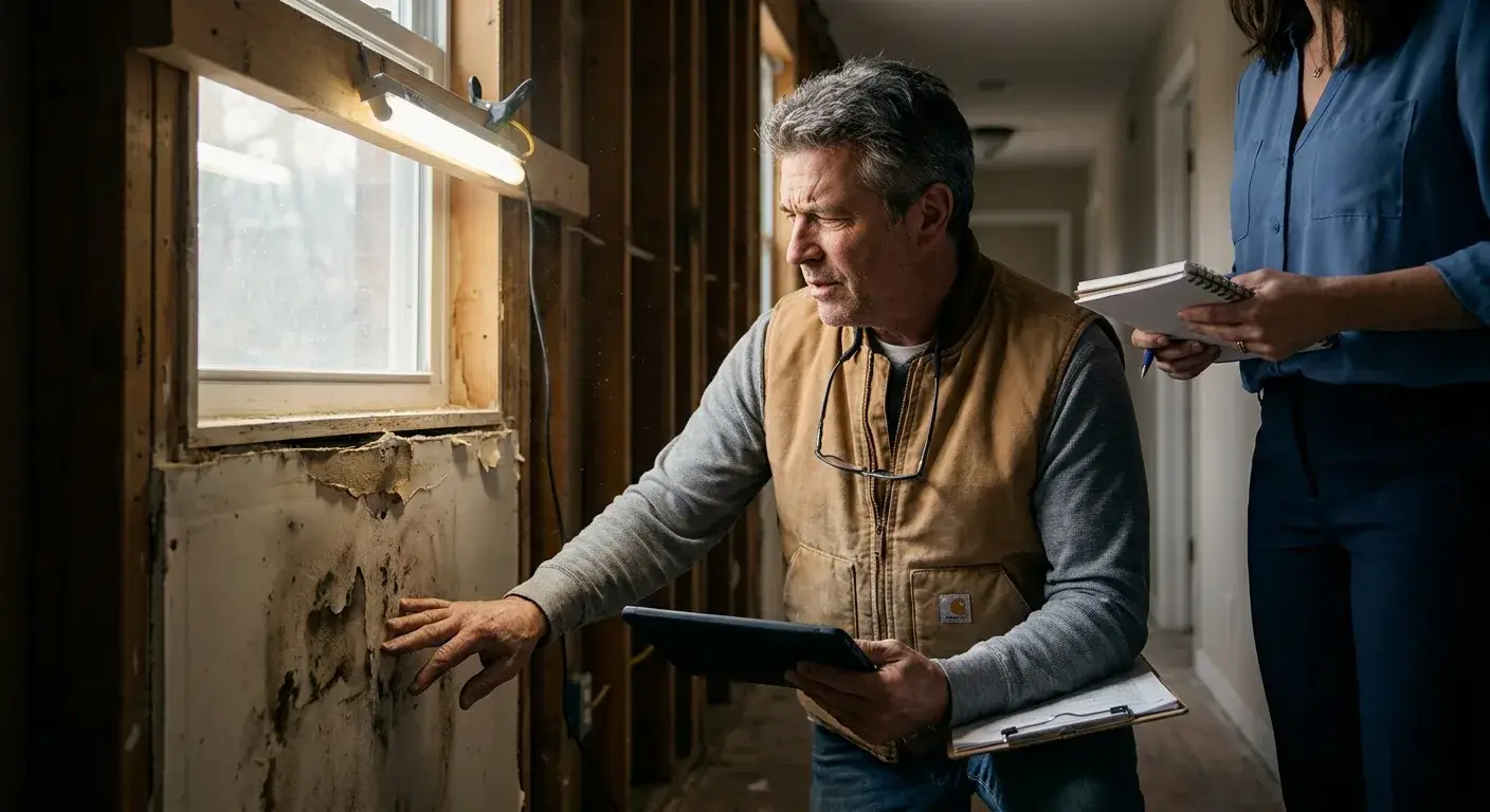 Multifamily renovation contractor conducting scope walkthrough in apartment building corridor with clipboard and measuring ta