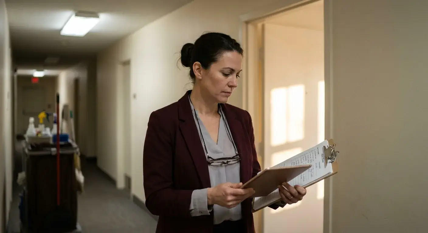 Apartment leasing office showing renewal paperwork and digital tablet with cost analysis spreadsheet on desk.