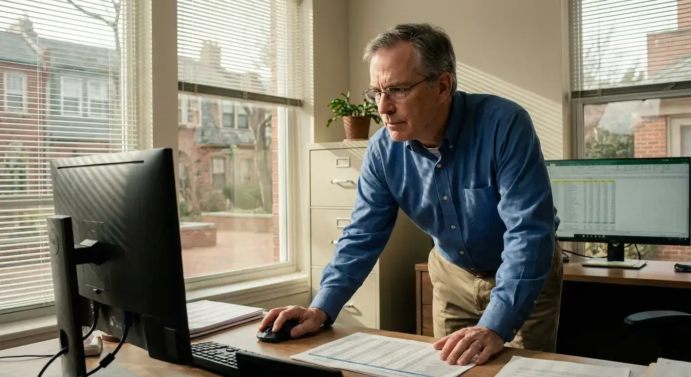 Apartment manager reviewing unit turn cost spreadsheet and benchmark reports on computer screen.
