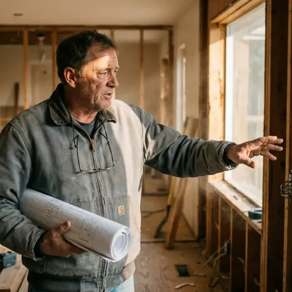 A contractor holding blueprints and cost estimate sheets in front of a gutted kitchen during full renovation work