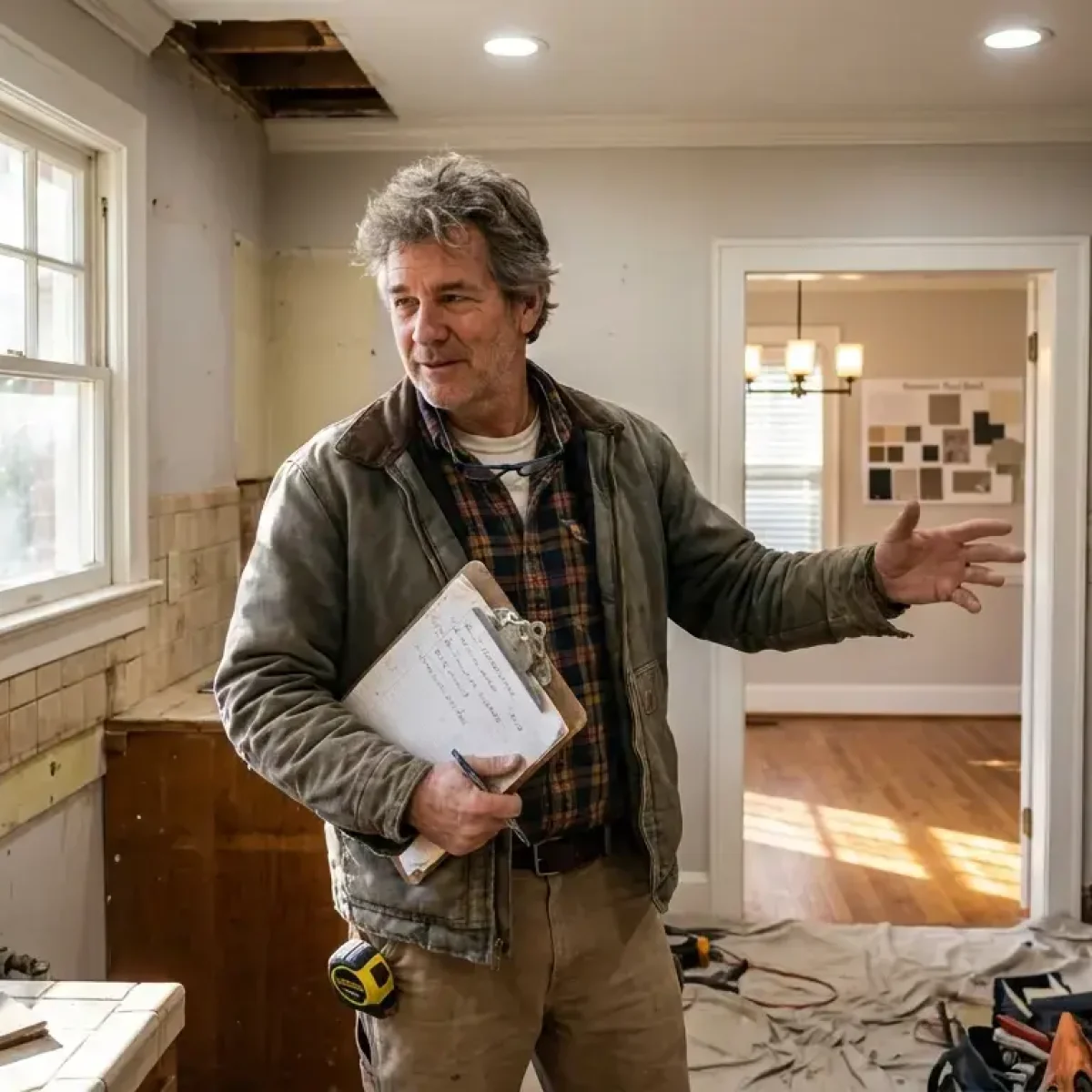 Contractor reviewing renovation plans with homeowner in modern Atlanta kitchen
