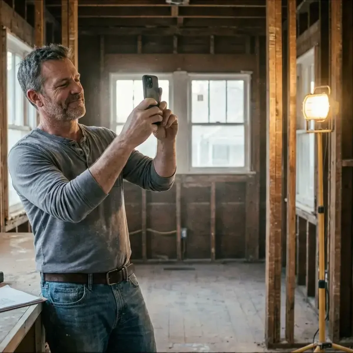 Before and after construction photos of an Atlanta home renovation showing framing and updates.